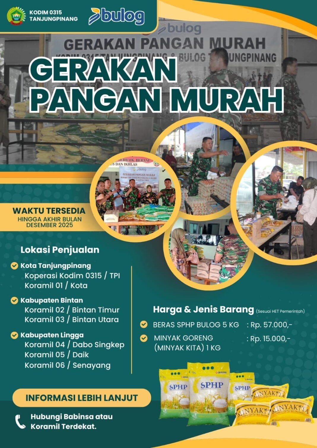 Kodim 0315/Tanjungpinang Bersama Bulog Tanjungpinang Gelar Gerakan Pangan Murah di Tiga Wilayah