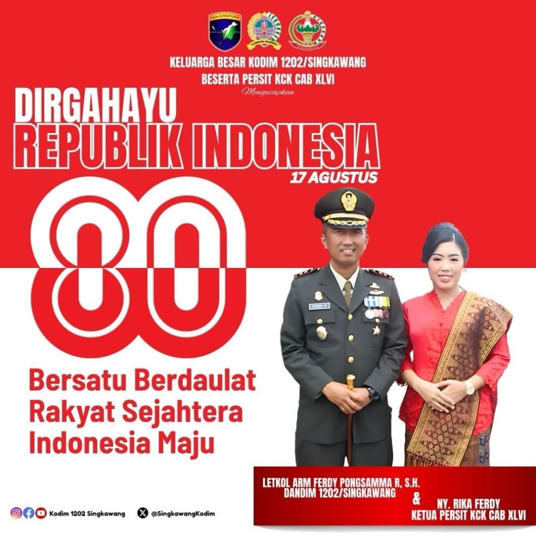 Keluarga Besar Kodim 1202/Singkawang dan Persit KCK Cabang XLVI Ucapkan Dirgahayu ke-80 Republik Indonesia