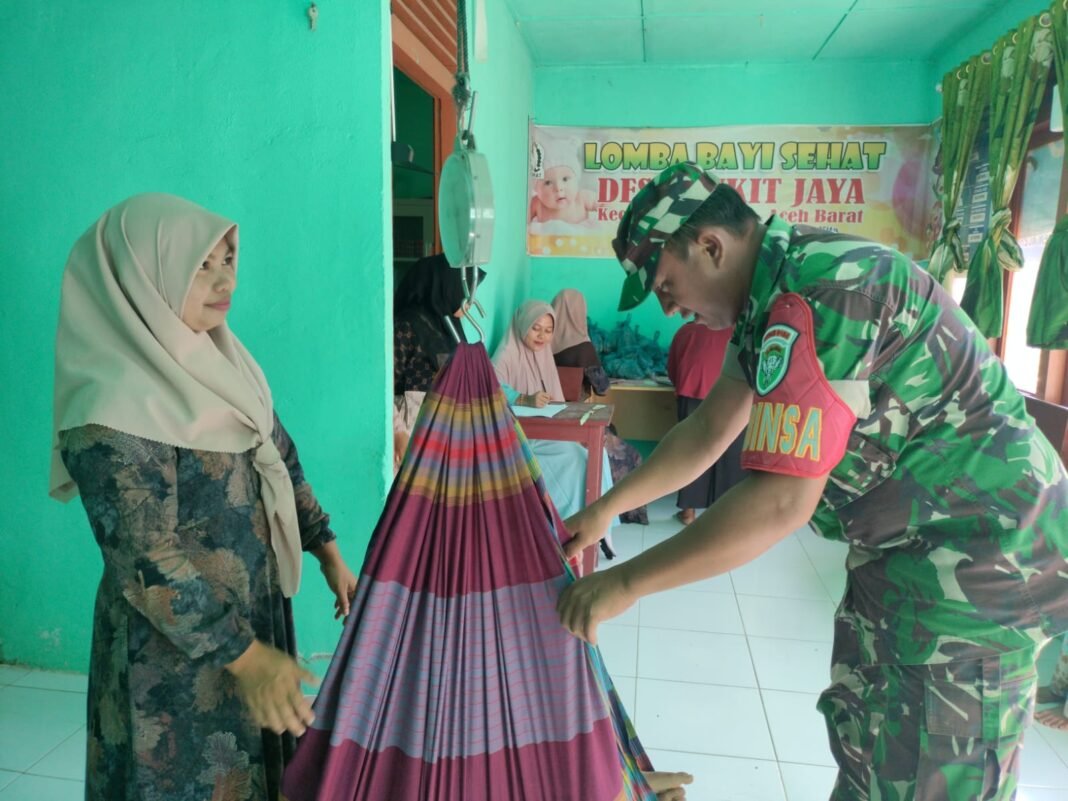 Timangan Babinsa Koramil 04/Meureubo Berhasil Membujuk Bayi Masuk Timbangan, Lomba Posyandu Lancar