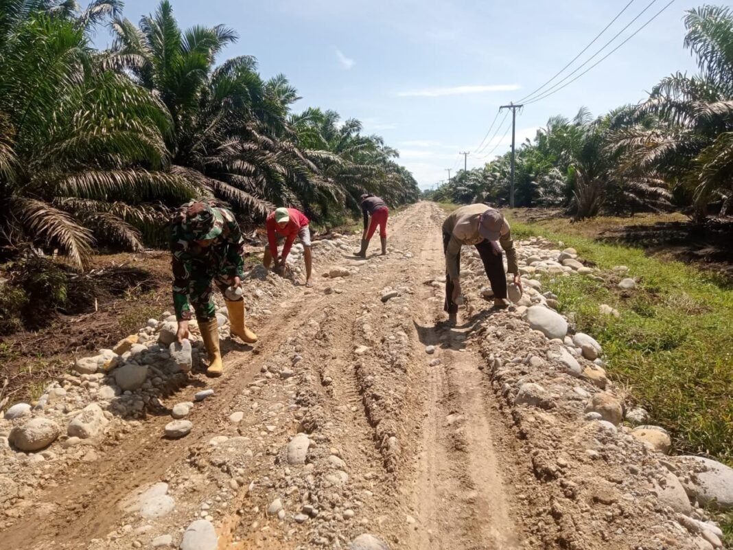 Hari ke-18 TMMD Kodim 0428/Mukomuko, Satgas dan Warga Timbun Jalan Berlubang di Desa Sumber Makmur