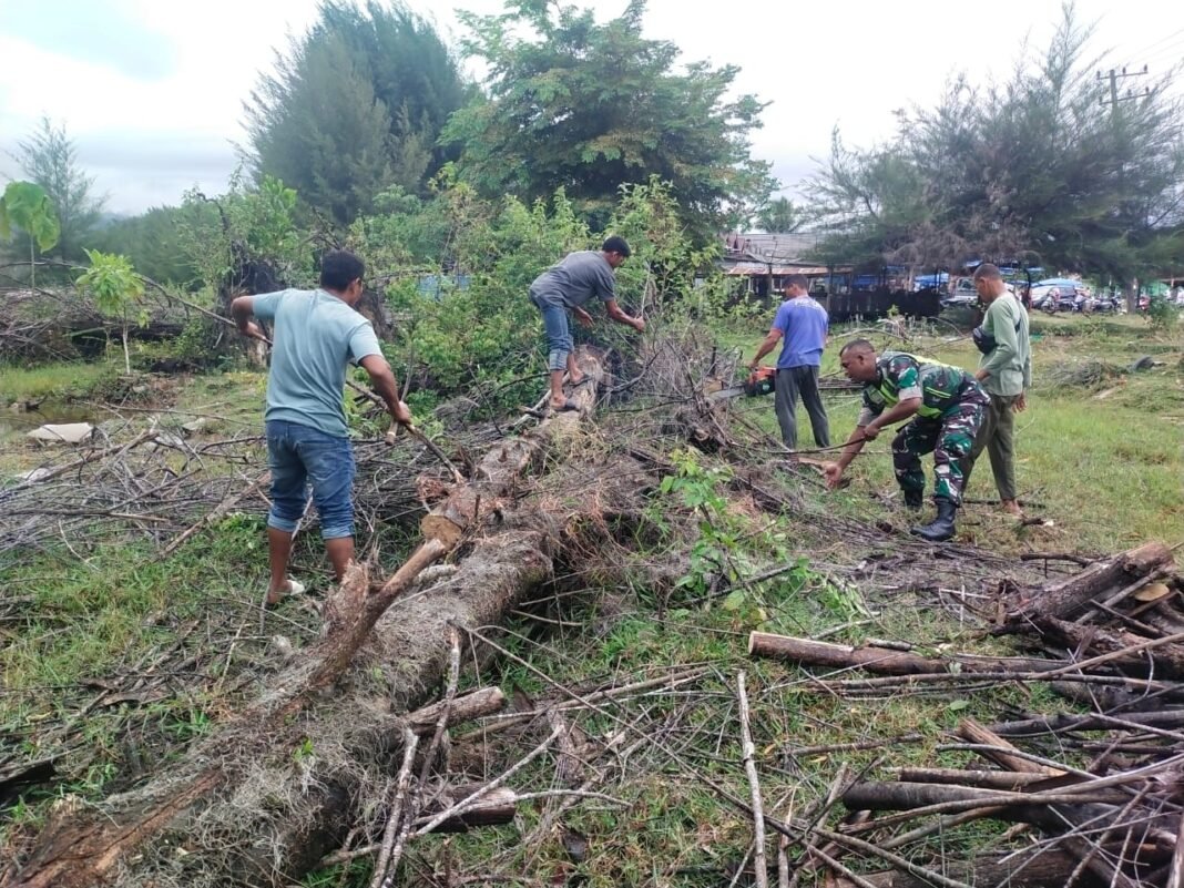 Babinsa Koramil 02/Sampoiniet Bersama Warga Gotong Royong Bersihkan Pohon Tumbang Akibat Cuaca Buruk