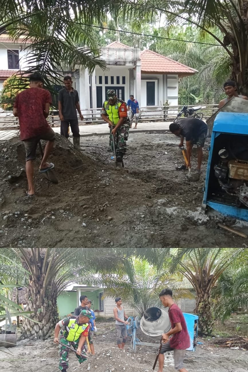 Babinsa Koramil 0105/Woyla Barat dan Warga Long Baro Gotong Royong Bangun Jalan Lorong Cor Beton