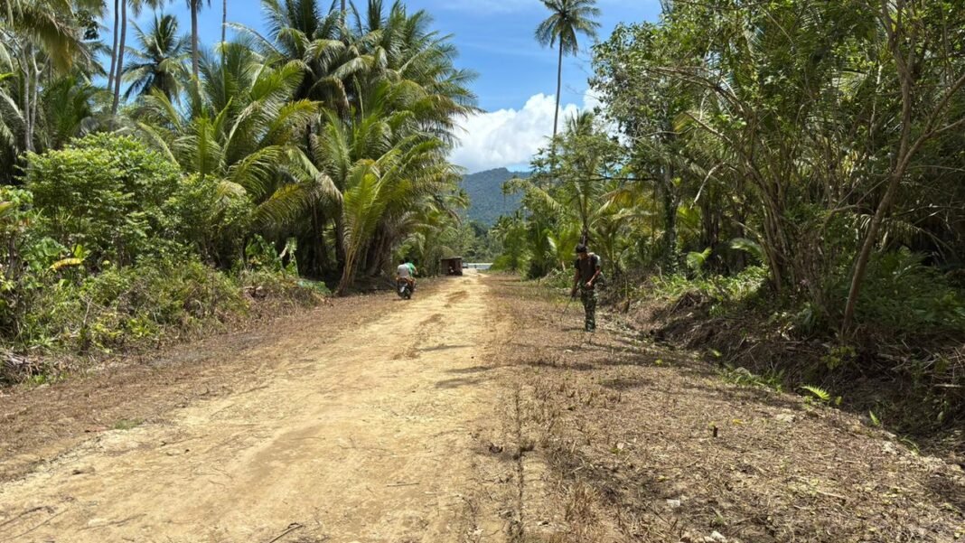 Penyemprotan Racun Rumput di Akses Jalan Kampung Marsi oleh Satgas TMMD 127 Kodim 1804/Kaimana