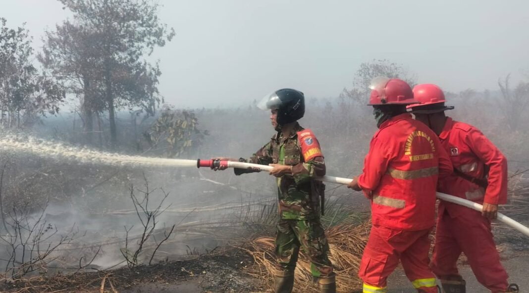 Babinsa Koramil 1201-02/Sungai Pinyuh Bersinergi Memadamkan Karhutla di Mempawah