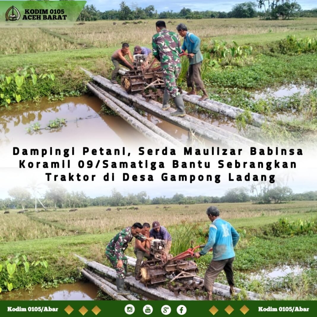 Babinsa Koramil 09/Samatiga Turun ke Sawah, Bantu Petani Lewatkan Hand Traktor di Jembatan Kelapa