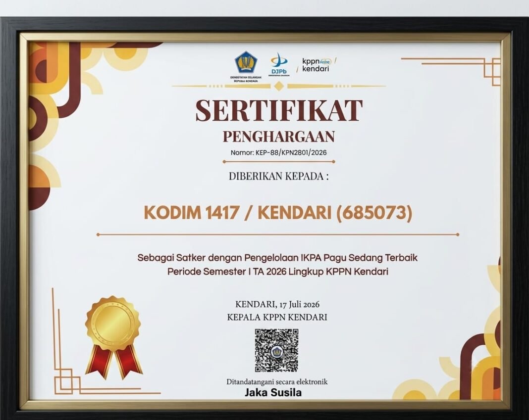 Kodim 1417/Kendari Dapat Penghargaan sebagai Satker Terbaik