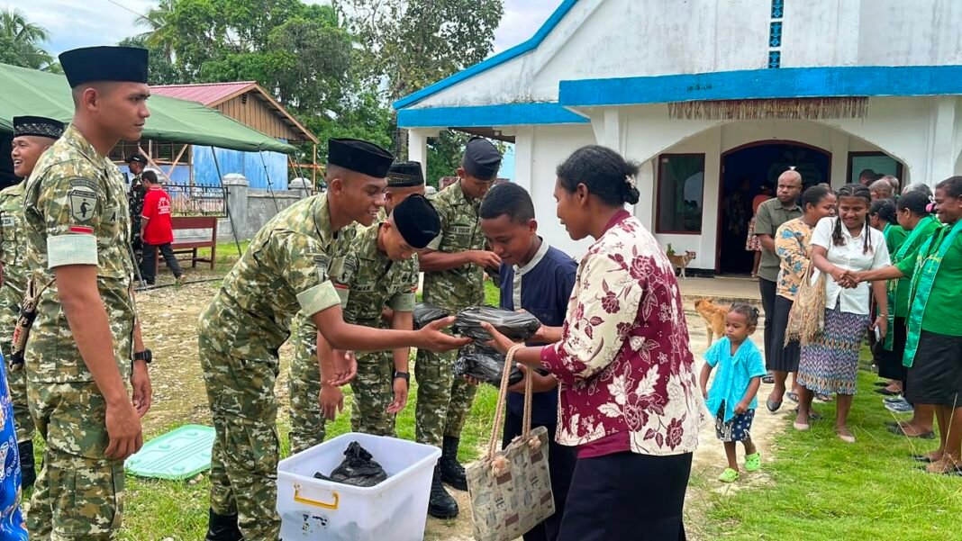 Kegiatan Kasih Minggu dan Bakti Sosial Prajurit Yonif TP 859/RBK di Supiori