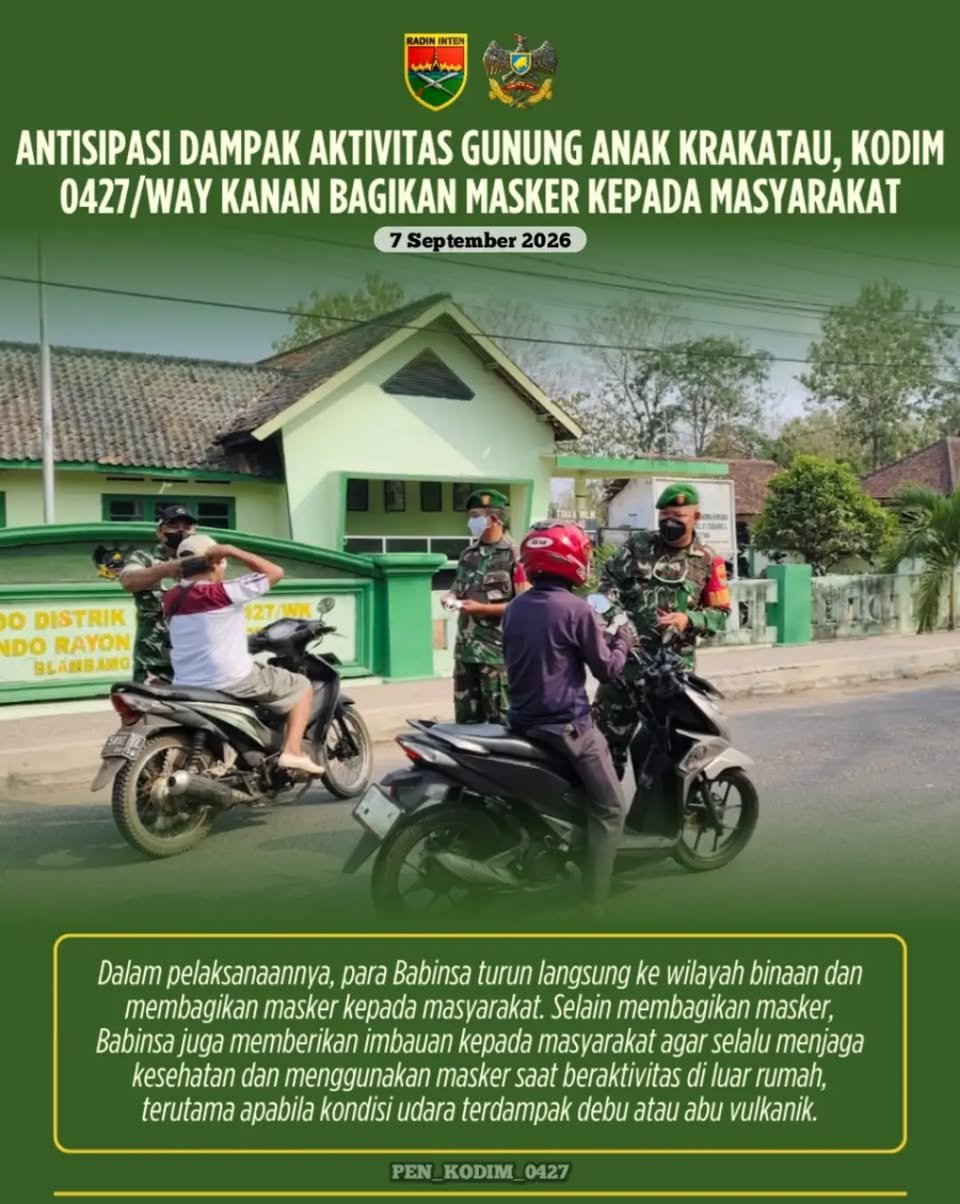Peduli Masyarakat, Kodim 0427/Way Kanan Bagikan Masker untuk Hadapi Ancaman Gunung Anak Krakatau